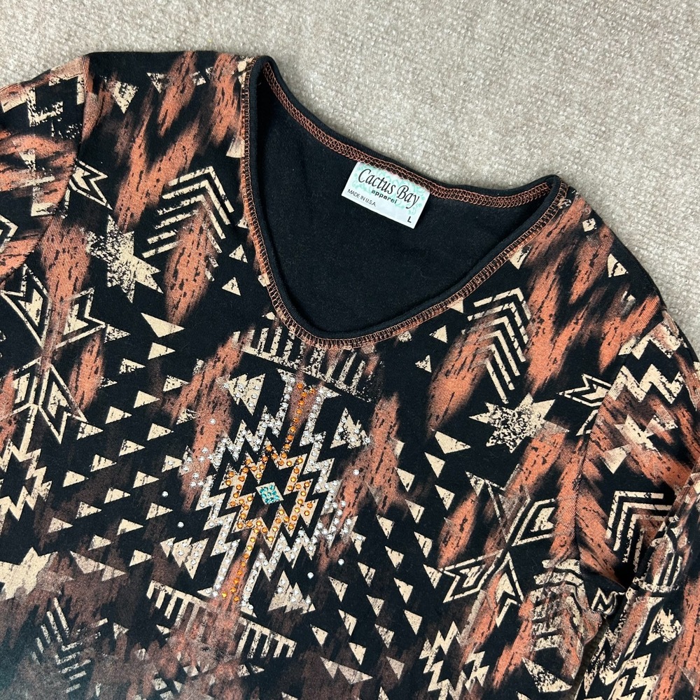 Cactus Bay Blouse Top Womens Large Multicolor Aztec‎ Print Rhinestone 3/4 Sleeve
